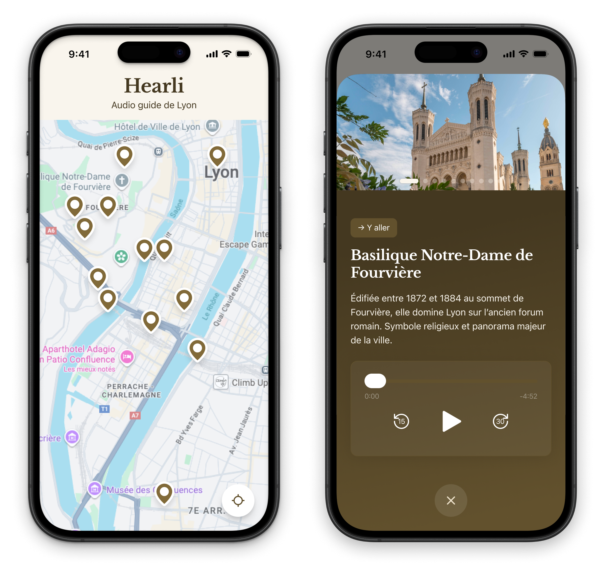 Aperçu de l’app Hearli avec la carte et une fiche lieu